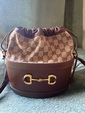 This is a Gucci Horsebit 1955 Bucket Bag in brown leather and GG canvas.